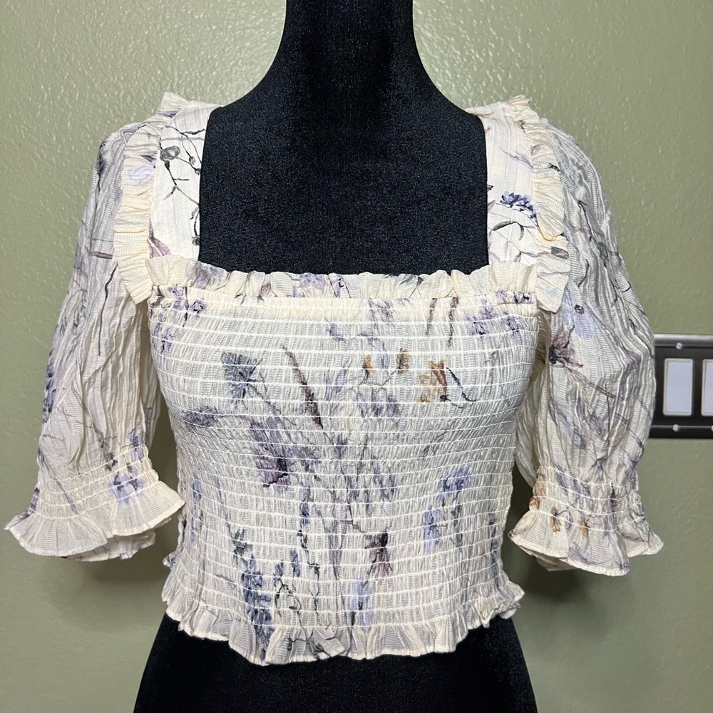 H&M Cream Floral Smocked Square-Neck Crop Top